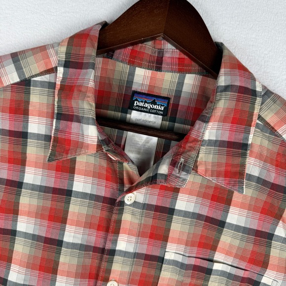 Patagonia Other - Patagonia Button Up Shirt Mens Medium Red Plaid Organic Cotton Short Sleeve